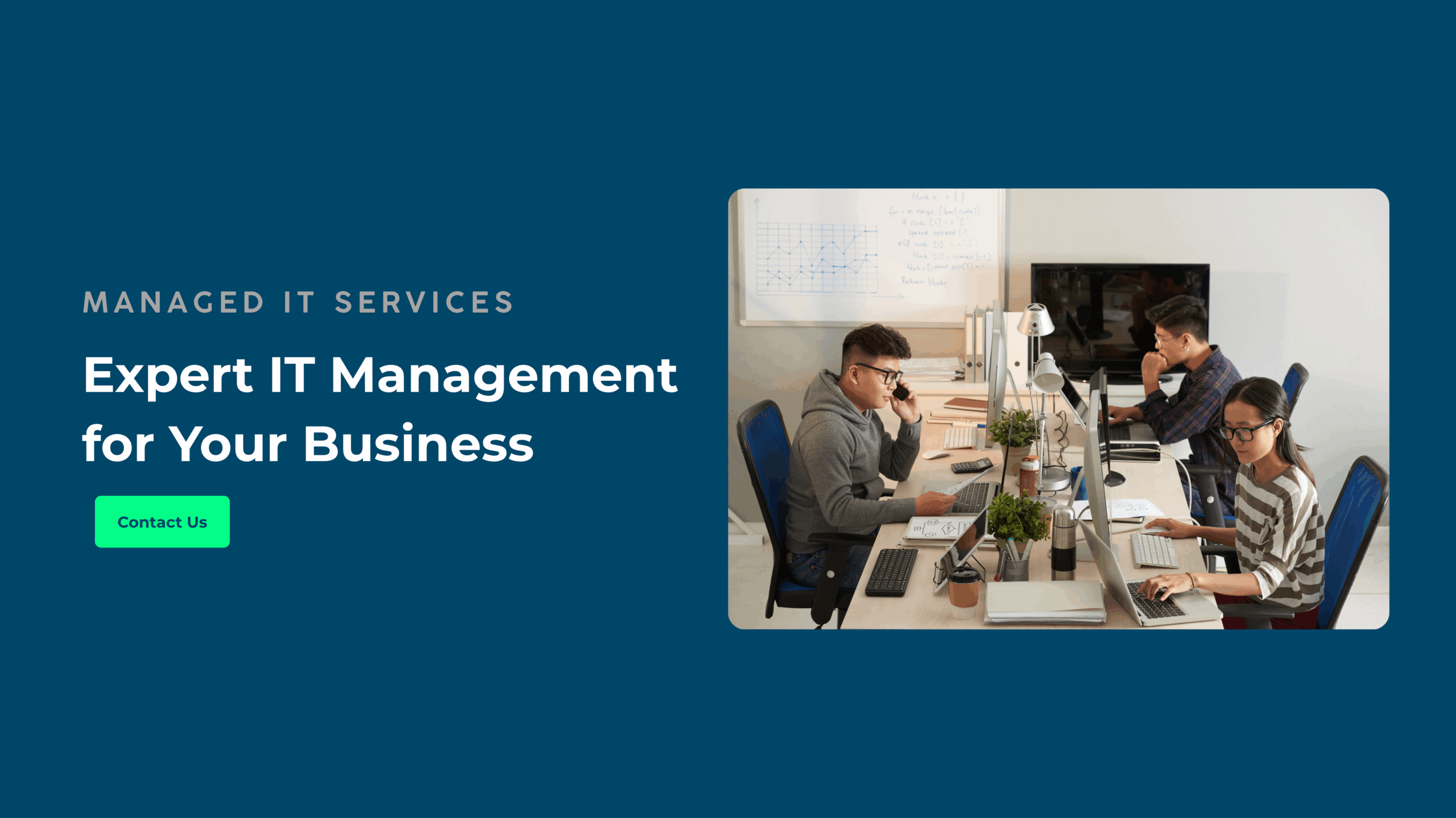 Team of IT professionals managing business technology systems in an office environment